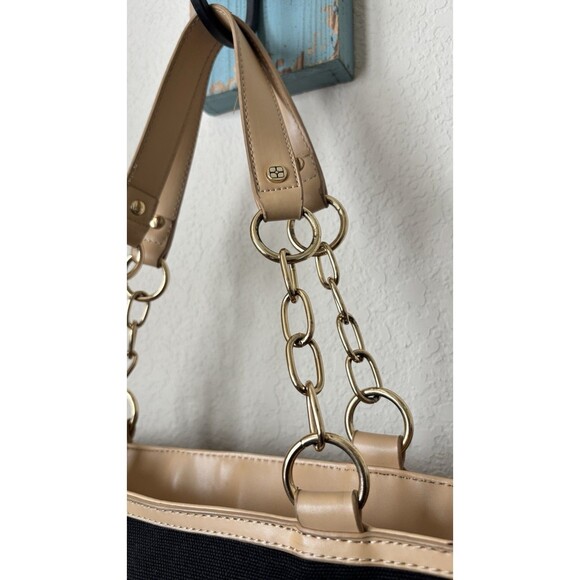 Iman Black Striped Sequined Tan Trimmed Gold Chain Shoulder Straps Tote Bag - Picture 7 of 15